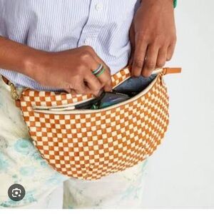 Clare V. Brown and White Checkered Woven Grande Fanny